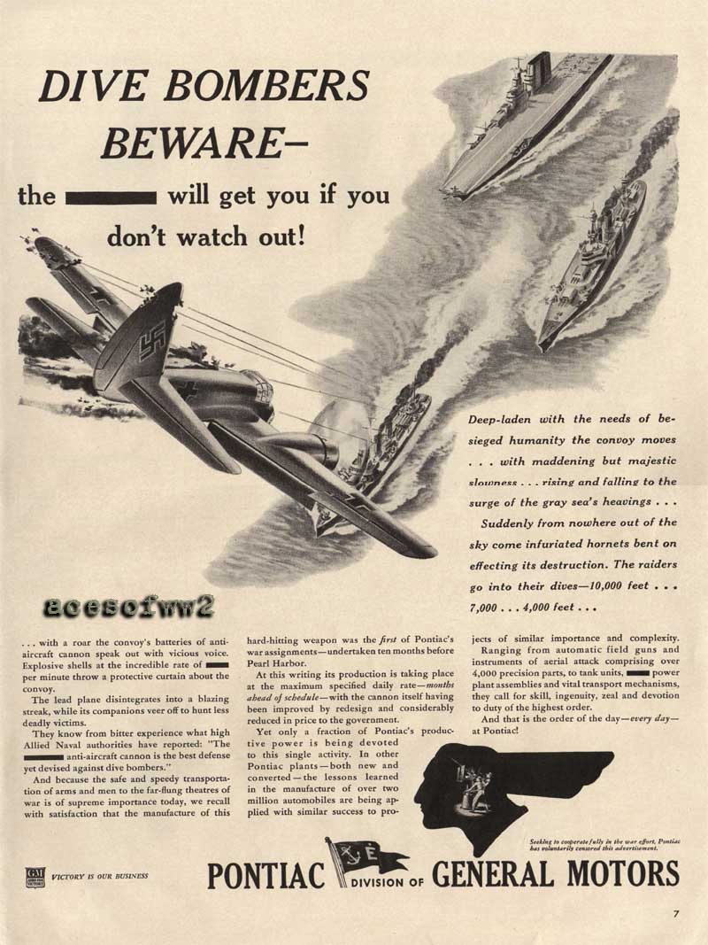 WW2 Pontiac&nbsp;"Dive bombers Beware - " ad